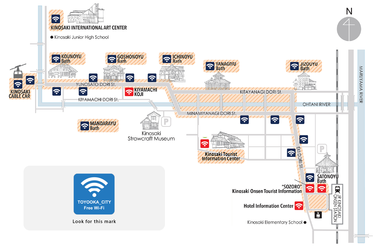 A map detailing locations of free wifi in Kinosaki. The main locations are as follows: The hotel information center. Satonoyu bath. Sozoro Information Center. Kinosaki Tourist Information center. Kiyamachi Koji. Many other locations not included in this alt tag