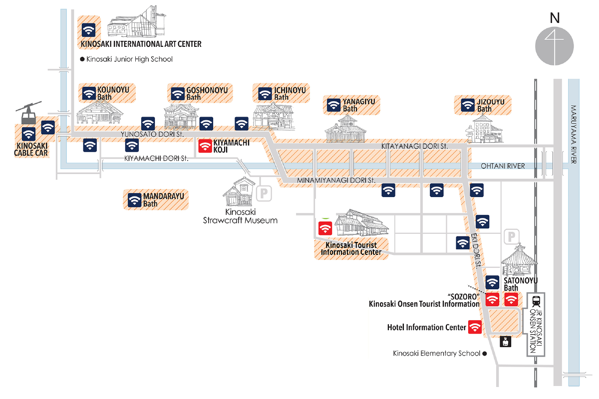 A map detailing locations of free wifi in Kinosaki. The main locations are as follows: The hotel information center. Satonoyu bath. Sozoro Information Center. Kinosaki Tourist Information center. Kiyamachi Koji. Many other locations not included in this alt tag